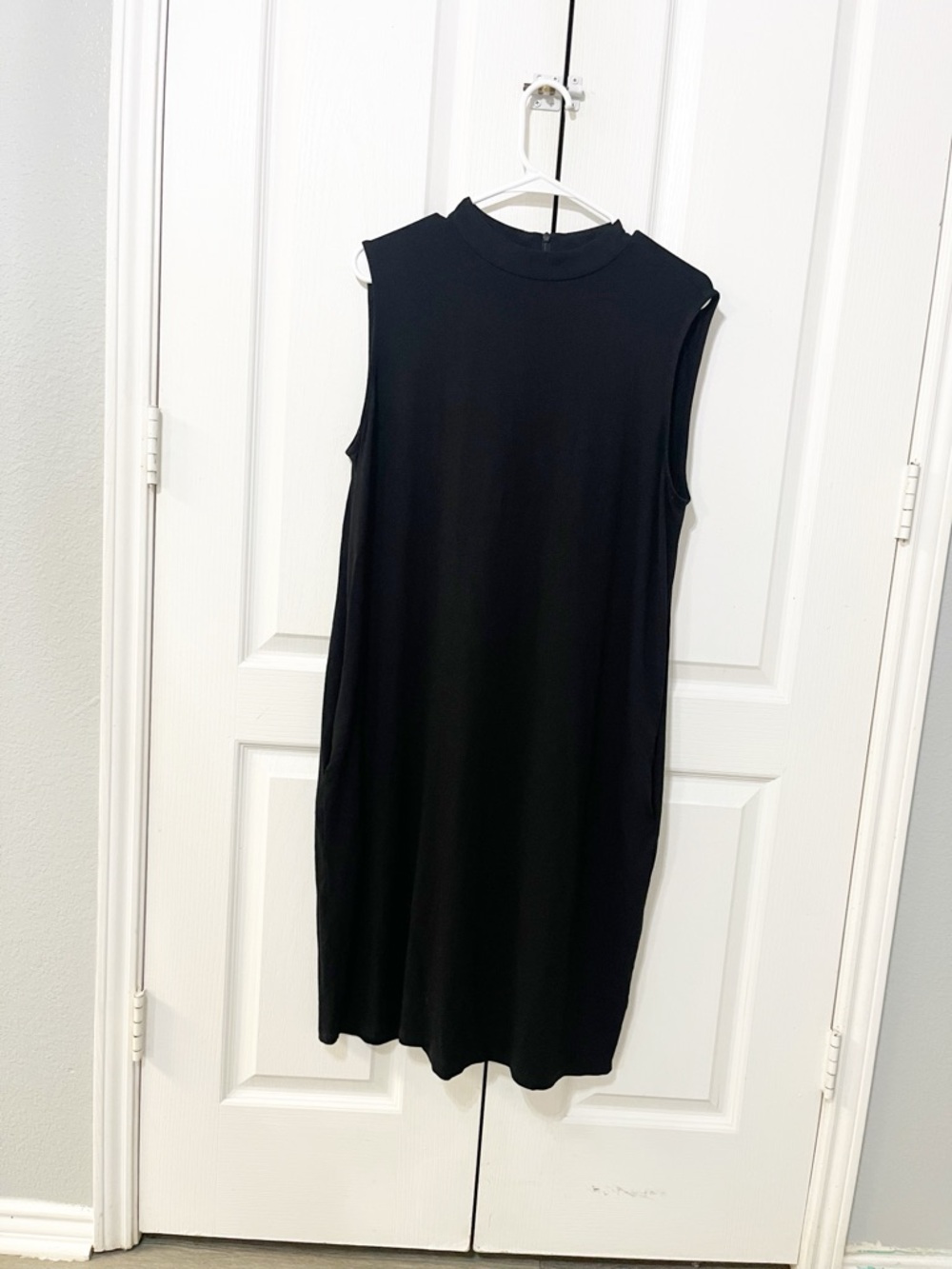 Eileen Fisher Mock Neck Boxy Dress Pockets Large Black